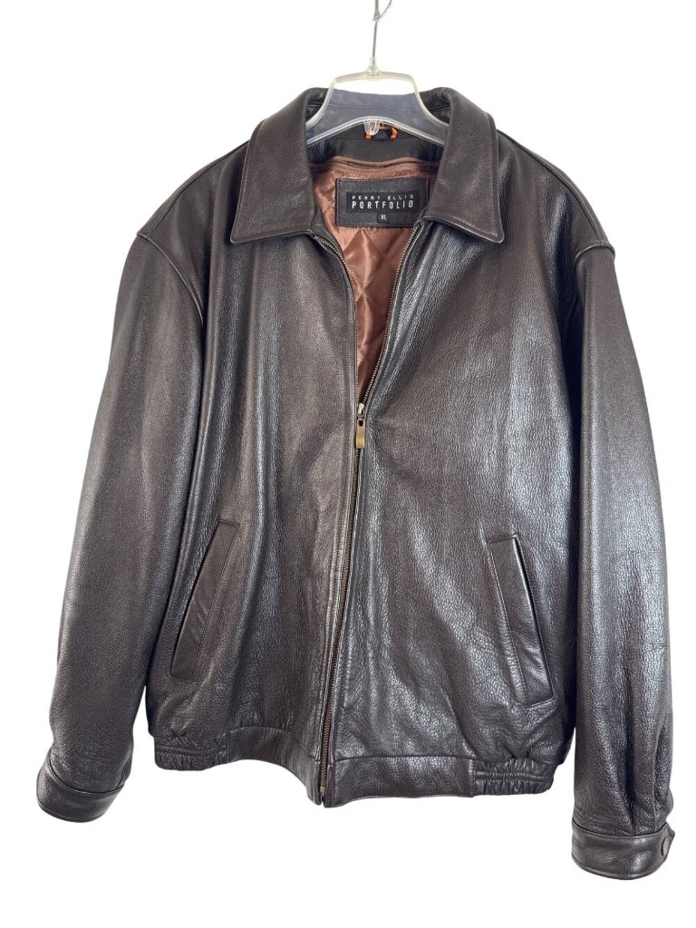 Perry Ellis Portfolio Brown Leather Jacket XL Full-Zip